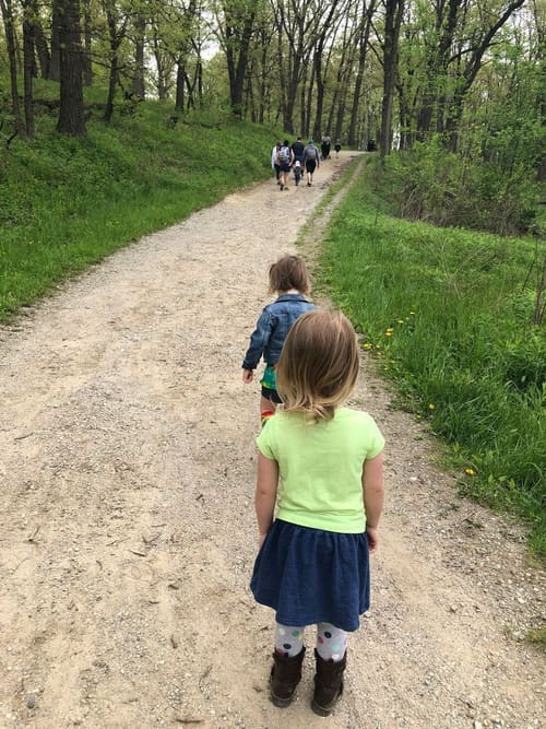 Homeschool students on an outdoor nature walk at Anchor Co-op near Chicago